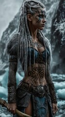 Fierce Viking Warrior Woman with Intricate Face and Body Tattoos in Diverse Natural Settings, from Stormy Seas to Misty Forests, Showcasing Strength, Beauty, and Battle Readiness

