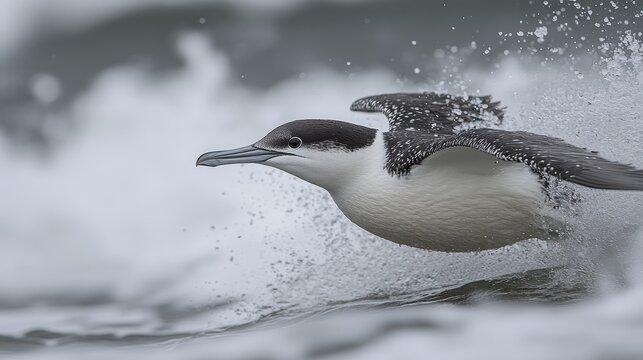 Dynamic avian movement study capturing a bird taking flight with a burst of water droplets evoking the powerful agility and grace of nature in action