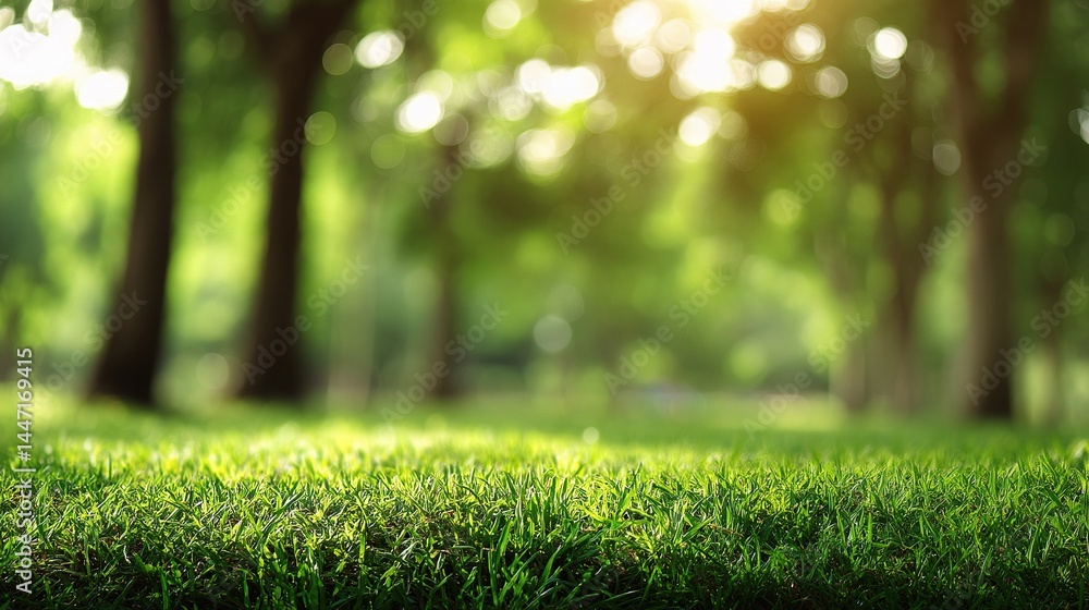 Poster soft bokeh effect on natural grass field with blurred green trees