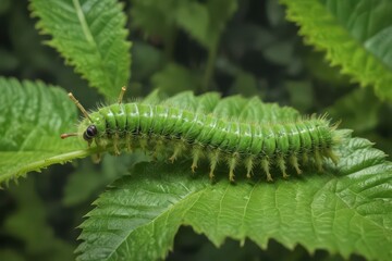 Fototapeta premium A vibrant green caterpillar munching on a lush green leaf , vibrant green, larva, moth