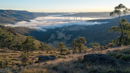 Fogshrouded valley with turbines at dawn