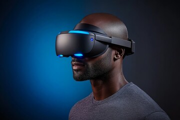 An African man engages with a sleek virtual reality headset featuring blue LED lights, set against a rich dark gradient background with ample copy space