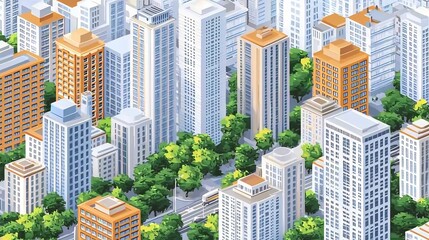 Obraz premium Isometric 3D cityscape varied buildings roads and greenery showing urban balance