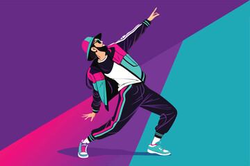 Create a vibrant vector art illustration of a TikTok influencer energetically dancing, surrounded by neon lights and dynamic effects.  Focus on bold lines and saturated colors.