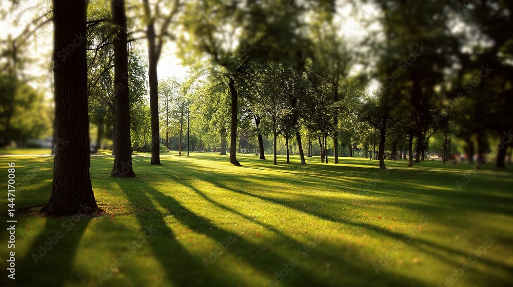 Poster sunlit park with soft shadows from scattered trees in background