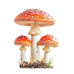 Obraz premium Vibrant fly agaric mushrooms on a white background showcasing their striking colors and unique shapes, fly agaric mushrooms, white background