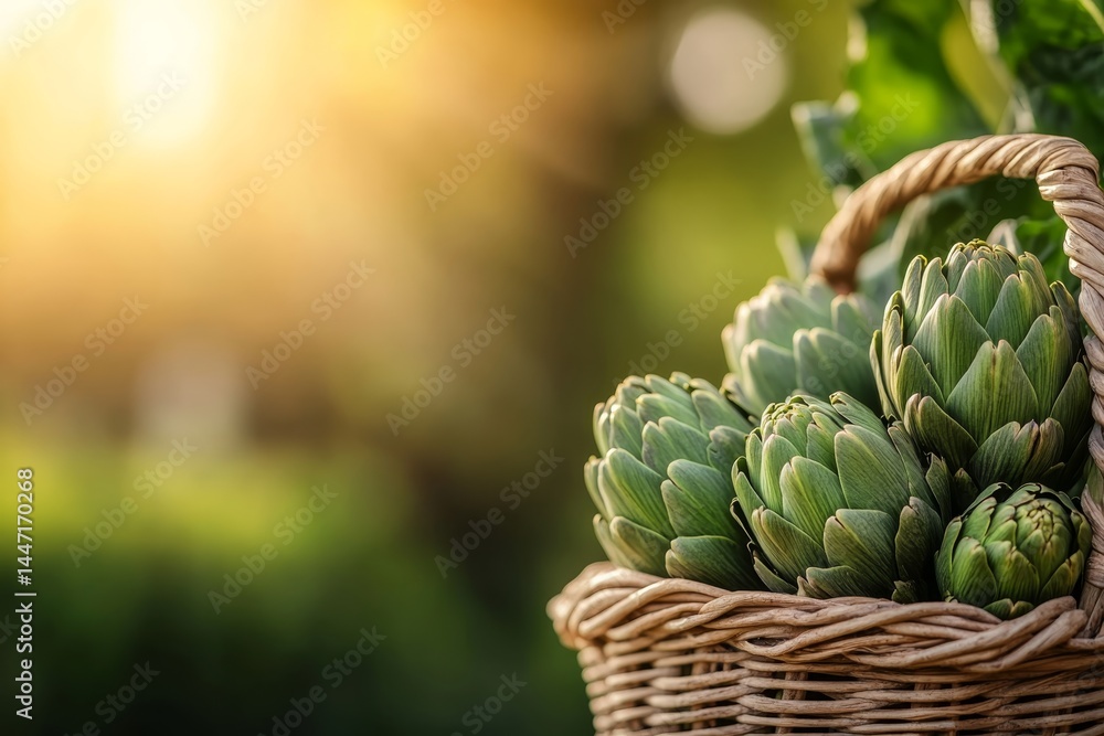 Aufkleber overhead view of a wicker basket filled with freshly harvested artichokes against a backdrop of vibr