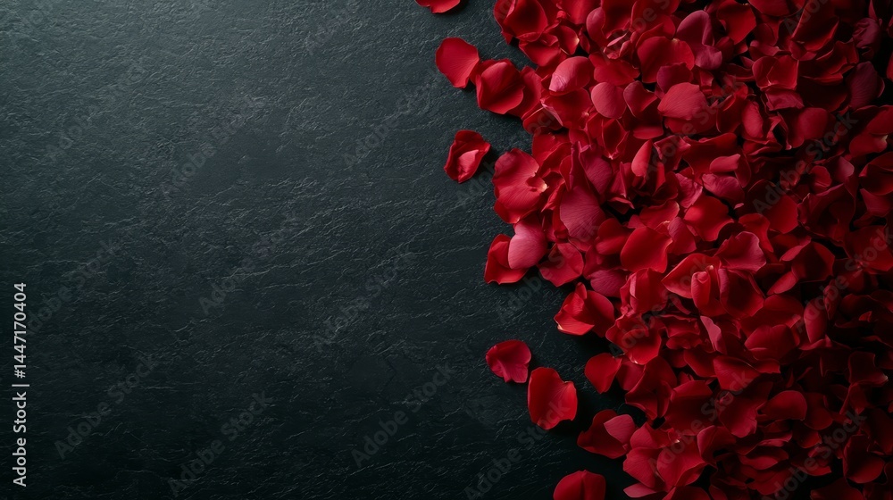 Poster scattered red rose petals are arranged creatively against a smooth black background, illuminated by 