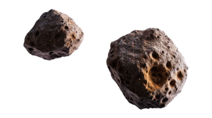 Asteroids Flying Through Space with Detailed Texture and Craters on a Transparent Background