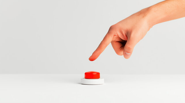 Hand about to press red panic button on white surface – decision, risk, emergency concept background with copy space 