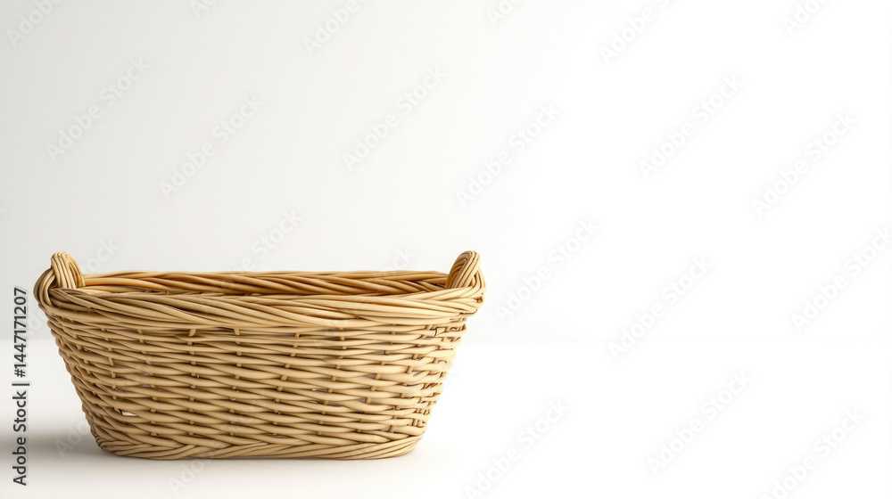 Poster rectangular woven rattan basket with handles on white background, empty and clean, perfect for stora
