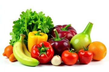 Variety of organic fruits & vegetables isolated, ingredients, food, fresh