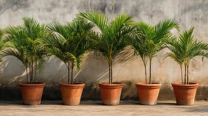 Obraz premium Tropical palm trees in terracotta pots stand under the sun, their lush green leaves contrasting beautifully with the earthy brown trunks. 
