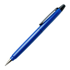 Sleek blue ballpoint pen resting on a clean white surface showcasing its design and functionality, typical blue ball pen isolated on White background