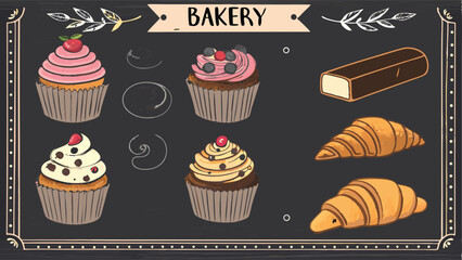 Design a vector bakery ad banner showcasing a chalkboard menu with delicious pastries, bread, and cakes.  Include a rustic, vintage style.
