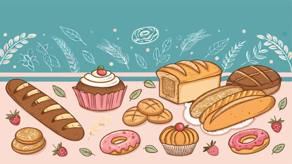 Create a vibrant vector banner showcasing a hand-drawn style illustration of various breads, including baguettes, sourdough, and rolls, emphasizing a rustic bakery aesthetic.