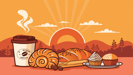 Design a vibrant vector banner ad showcasing a fresh morning bakery special, featuring delicious pastries and bread.  Include enticing visuals and a clear call to action.