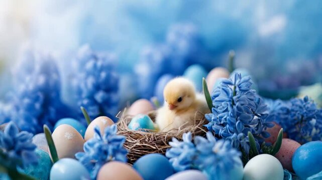 Festive spring nest with colorful eggs, blue flowers, and cute yellow chick &ndash; perfect for Easter celebration visuals and seasonal greeting designs.