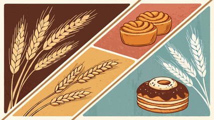 Create a vibrant vector banner showcasing a close-up of delectable pastries and wheat, emphasizing texture and detail for a bakery or food blog.