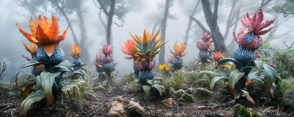 Obraz premium Beautiful and vibrant stylized flowers growing in a misty forest