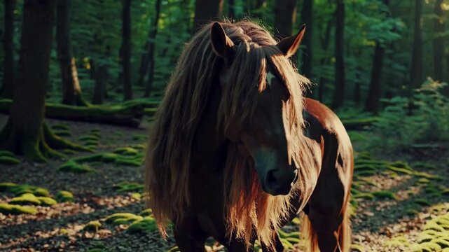 Close-up video of a brown horse with a star marking, standing in a sunlit forest. The angle captures its mane and the serene woodland setting.Live desktop wallpaper.