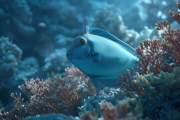 Obraz premium A unicorn fish with a horn-like structure protruding from its head swims near a coral reef.