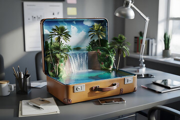 Tropical Waterfall Scene Inside Vintage Suitcase on Desk