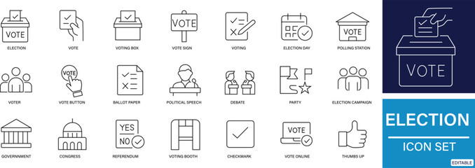  Election and Voting Icon Set Flat Solid Symbols for Democracy and Ballot Process.