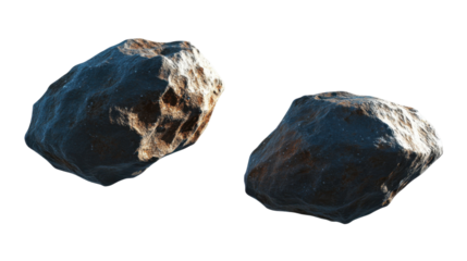 Flying Asteroids in Space with Detailed Texture Against Transparent Background