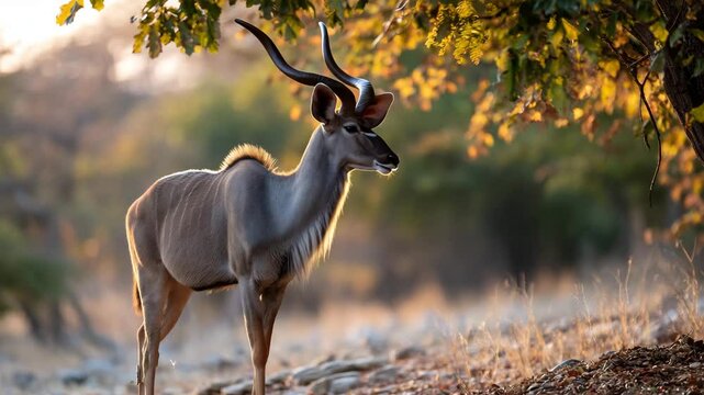 A stunning kudu gazes into the distance amidst a backdrop of warm, golden light, capturing the beauty of wildlife in its natural habitat during sunset.