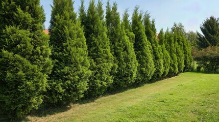 Fototapeta premium A vibrant green thuja hedge stretches along the sunny yard, enhancing the lush lawn and creating a serene.