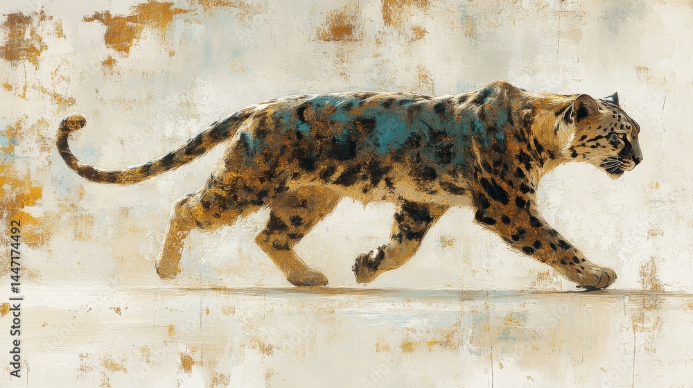 Poster detailed portrayal of a feline with patterned fur engaged in a walking motion showcasing a unique te