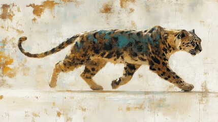 Detailed portrayal of a feline with patterned fur engaged in a walking motion showcasing a unique texture and abstract representation art design