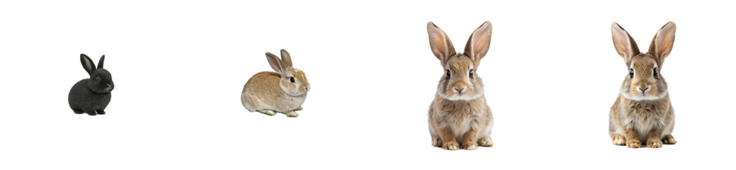 Fototapeta premium Rabbits Grouped Together in Varying Sizes Against Black. cut out transparent