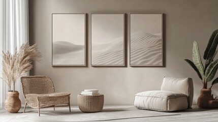 Neutral-toned living room with three A4 frames in vertical layout on a beige wall, minimalist interior elements
