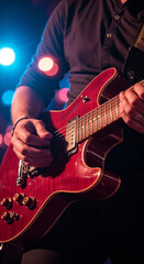 Obraz premium A close-up shot of a red electric guitar in action, with dramatic lighting and vibrant bokeh.