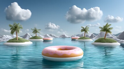 Obraz premium Tropical pool cartoon scene with donut floaties island vibe 3d beach resort illustration relaxing summer atmosphere