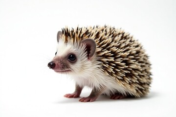 A solitary hedgehog, perfectly centered on a bright white backdrop, macro photography, fauna, wild