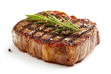 Grilled beef steak with rosemary on White background,