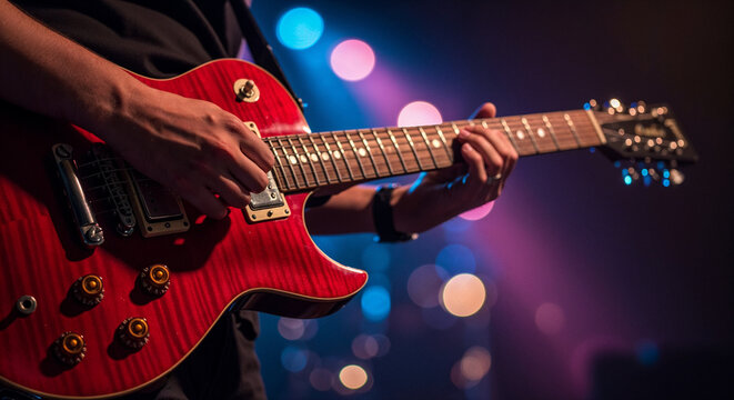 A close-up shot of a red electric guitar in action, with dramatic lighting and vibrant bokeh.


