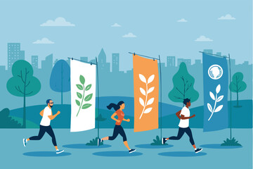 Design a vibrant vector layout for a charity run event poster featuring diverse people running.  Include impactful imagery and event details.