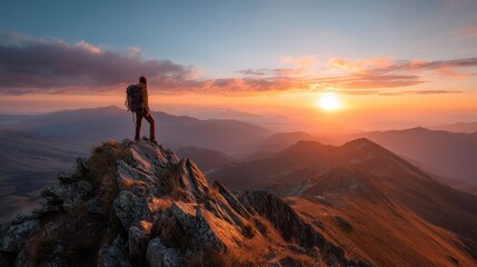 Adventurous Hiker at Sunset Majestic Mountaintop View