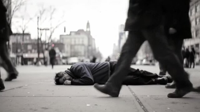 People walking past a person lying on the ground in a busy city street