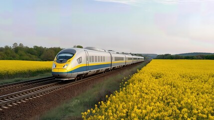 Fototapeta premium High-speed train cuts through the countryside, the yellow rapeseed fields bloom beneath a clear morning sky, showcasing the beauty of spring and modern rail travel.