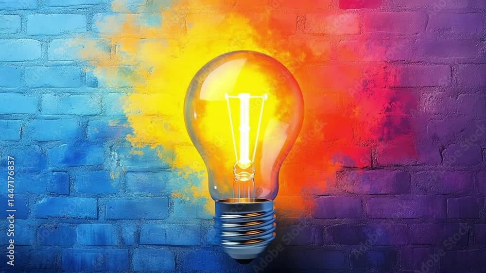 Poster Illuminated Idea: A glowing light bulb against a backdrop of exploding colorful clouds. symbolizing inspiration, innovation, and the spark of creativity.
