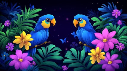 Obraz premium Exotic avian adventure pixelated illustration featuring vibrant blue parrots amidst a lush tropical floral landscape creating a captivating pixel art design
