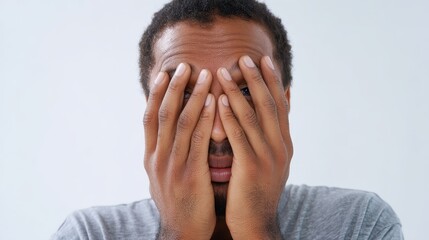 Fototapeta premium Man Hiding Face in Hands, Showing Despair and Emotion