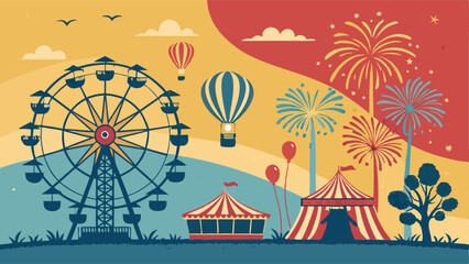 Design a vibrant vector poster for a summer funfair, emphasizing joyful activities and bright colors. Include carnival elements like rides, games, and food stalls.
