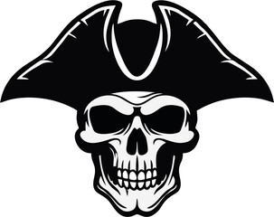 Black and White Pirate Skull Vector Illustration with Tricorn Hat – Bold Monochrome Design for Logo and T-Shirt Print