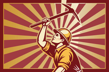 Design a vector poster featuring a heroic miner silhouetted against a vibrant sunburst background, emphasizing strength and resilience.